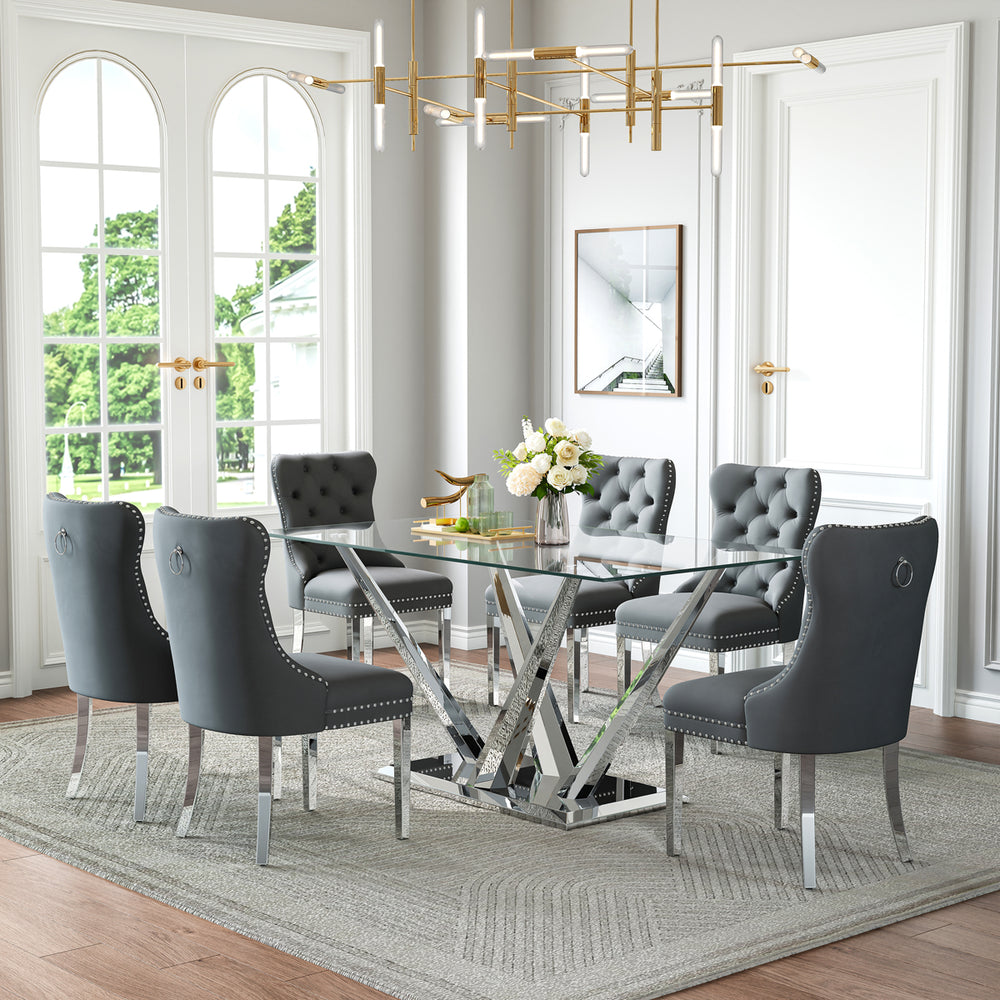 DT034S 7-Piece Sintered Stone Dining Set + 6 Grey Velvet Chairs (Silver)