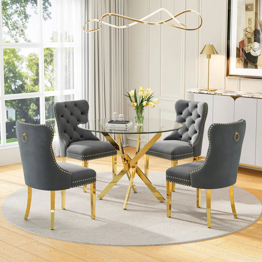 DT666G 5-Piece 36" Glass Dining Set + 4 Grey Velvet Chairs (Gold) ZEMORN