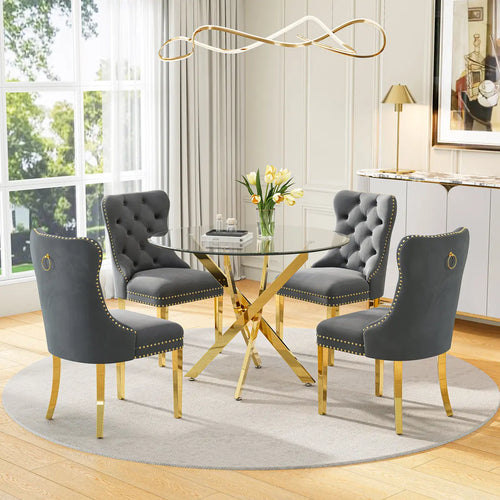 DT666G 5-Piece 36" Glass Dining Set + 4 Grey Velvet Chairs (Gold) ZEMORN