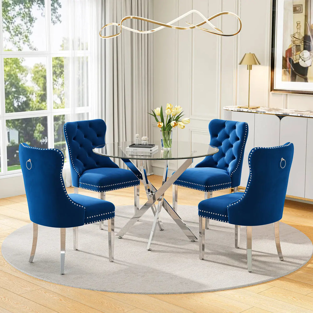 DT666S 5-Piece 36" Glass Dining Set + 4 Blue Velvet Chairs (Silver) ZEMORN