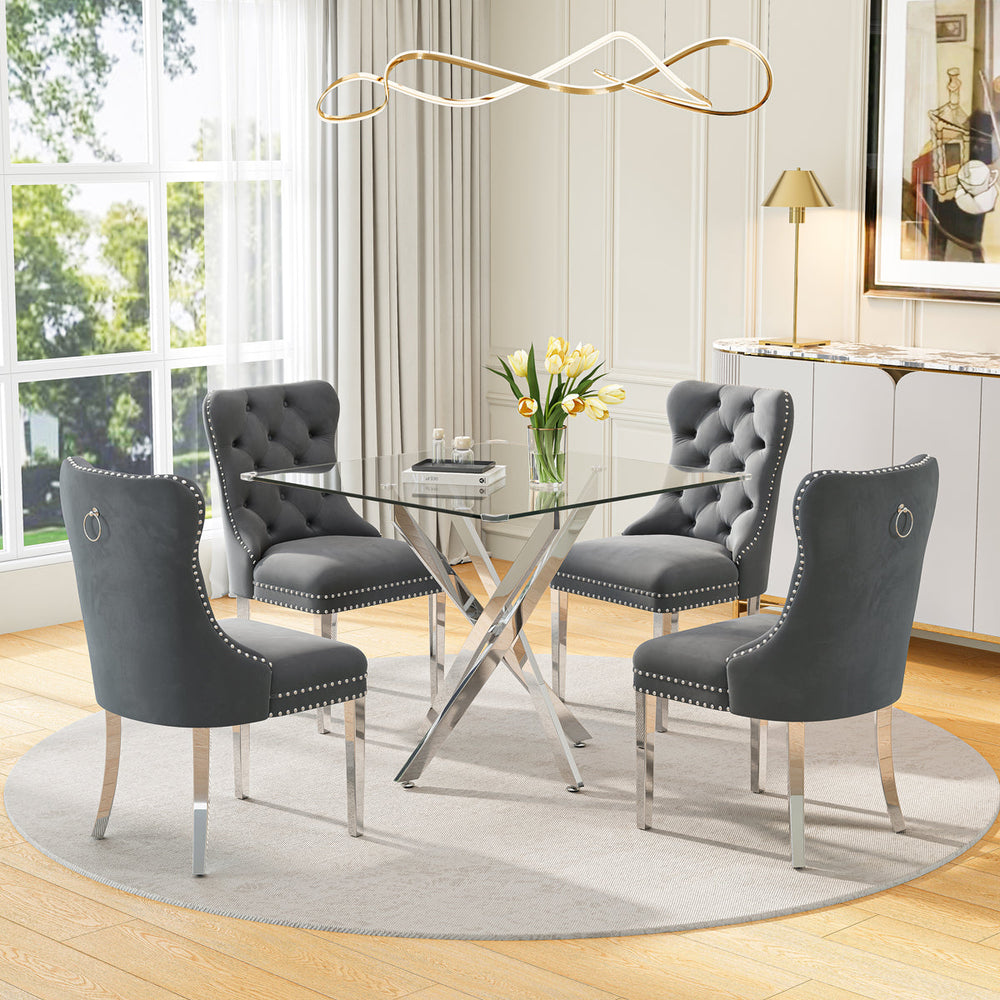 DT668S 5-Piece 42" Glass Dining Set + 4 Grey Velvet Chairs (Silver) ZEMORN