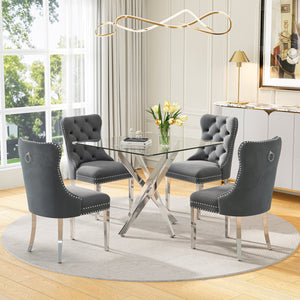 DT668S 5-Piece 42" Glass Dining Set + 4 Grey Velvet Chairs (Silver) ZEMORN