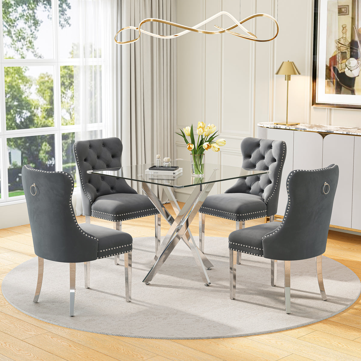 DT668S 5-Piece 42" Glass Dining Set + 4 Grey Velvet Chairs (Silver) ZEMORN