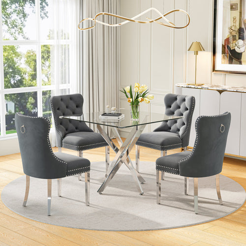 DT668S 5-Piece 42" Glass Dining Set + 4 Grey Velvet Chairs (Silver) ZEMORN