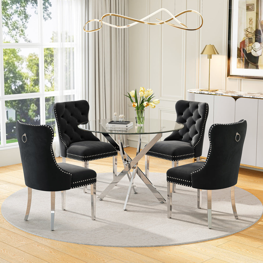 DT666S 5-Piece 36" Glass Dining Set + 4 Black Velvet Chairs (Silver) Zemorn