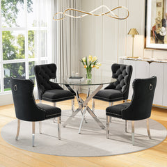 DT666S 5-Piece 36" Glass Dining Set + 4 Black Velvet Chairs (Silver) Zemorn