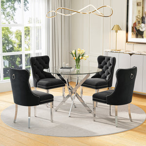 DT666S 5-Piece 36" Glass Dining Set + 4 Black Velvet Chairs (Silver) Zemorn