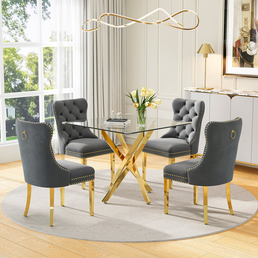 DT668G 5-Piece 42" Glass Dining Set + 4 Grey Velvet Chairs (Gold) ZEMORN