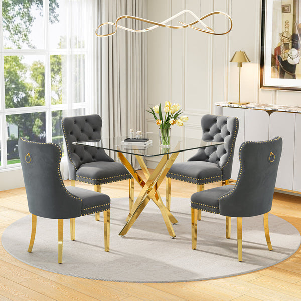 DT668G 5-Piece 42" Glass Dining Set + 4 Grey Velvet Chairs (Gold) ZEMORN