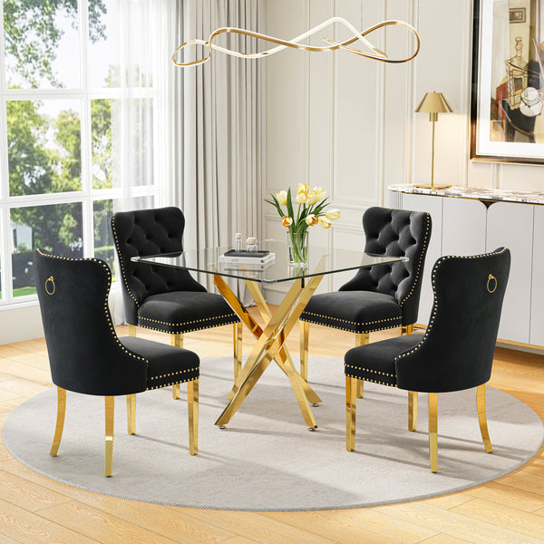 DT668G 5-Piece 42" Glass Dining Set + 4 Black Velvet Chairs (Gold) ZEMORN