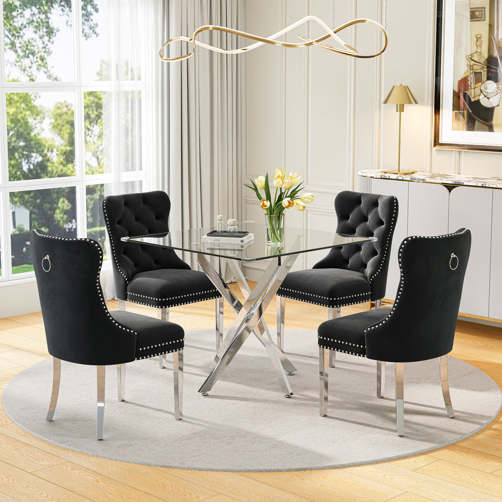 DT668S 5-Piece 42" Glass Dining Set + 4 Black Velvet Chairs (Silver) ZEMORN