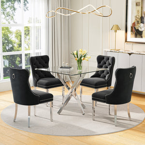 DT668S 5-Piece 42" Glass Dining Set + 4 Black Velvet Chairs (Silver) ZEMORN