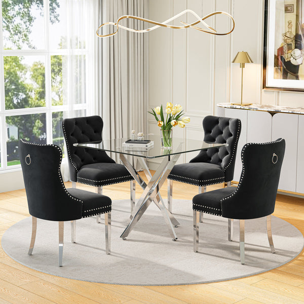 DT668S 5-Piece 42" Glass Dining Set + 4 Black Velvet Chairs (Silver) ZEMORN