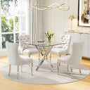 DT668S 5-Piece 42" Glass Dining Set + 4 White Velvet Chairs (Silver) ZEMORN