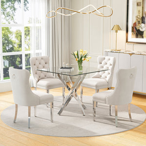 DT668S 5-Piece 42" Glass Dining Set + 4 White Velvet Chairs (Silver) ZEMORN