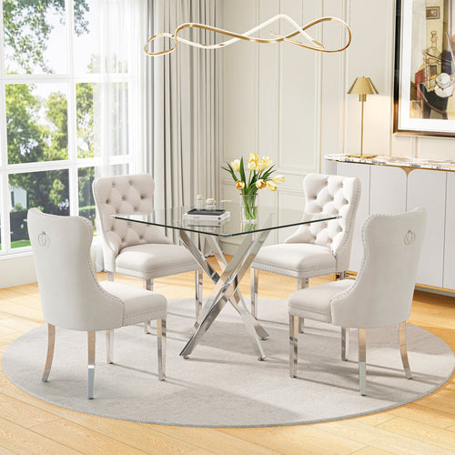 DT668S 5-Piece 42" Glass Dining Set + 4 White Velvet Chairs (Silver) ZEMORN