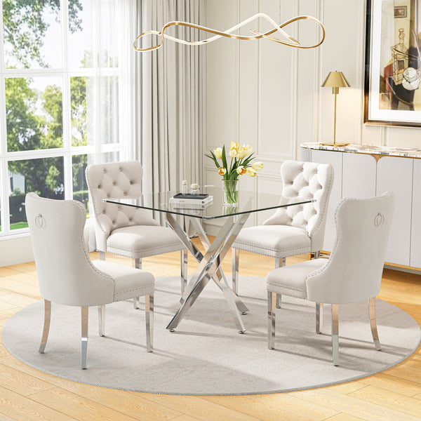 DT668S 5-Piece 42" Glass Dining Set + 4 White Velvet Chairs (Silver) ZEMORN