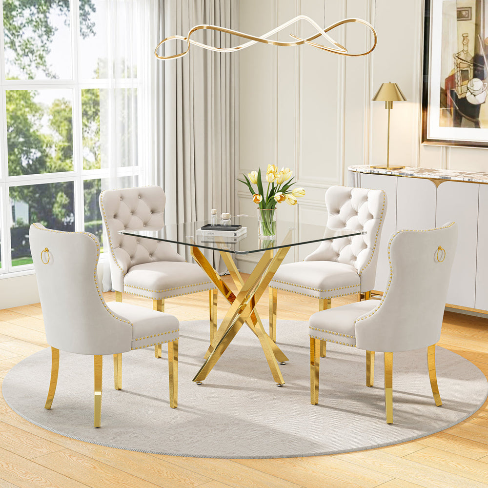 DT668G 5-Piece 42" Glass Dining Set + 4 White Velvet Chairs (Gold) ZEMORN