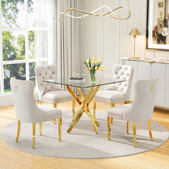 DT668G 5-Piece 42" Glass Dining Set + 4 White Velvet Chairs (Gold) ZEMORN