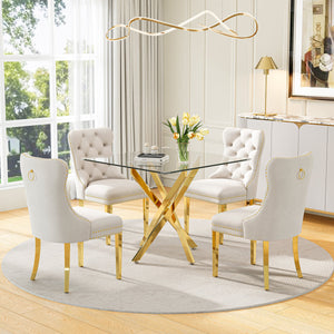 DT668G 5-Piece 42" Glass Dining Set + 4 White Velvet Chairs (Gold) ZEMORN