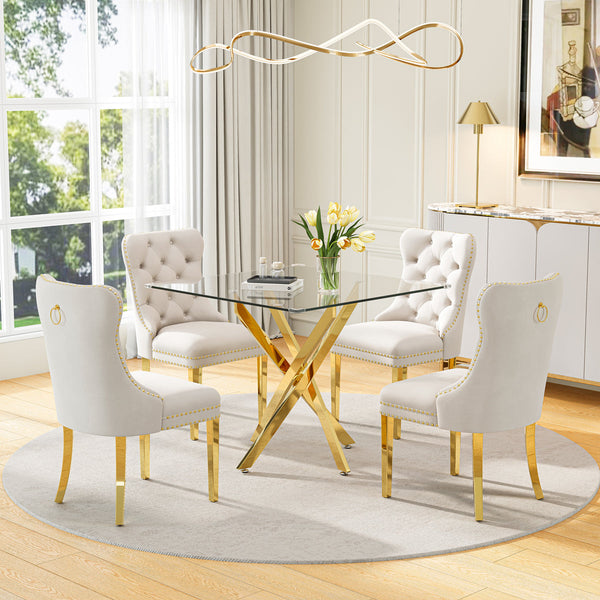 DT668G 5-Piece 42" Glass Dining Set + 4 White Velvet Chairs (Gold) ZEMORN