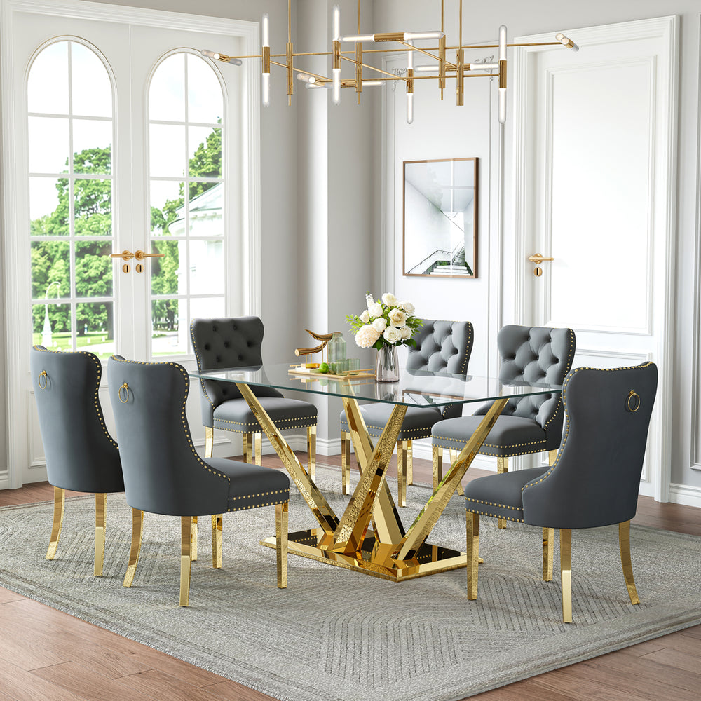 DT034G 7-Piece Sintered Stone Dining Set + 6 Grey Velvet Chairs (Gold)