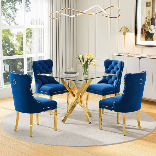 DT668G 5-Piece 42" Glass Dining Set + 4 Blue Velvet Chairs (Gold) ZEMORN