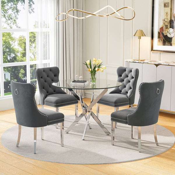 DT666S 5-Piece 36" Glass Dining Set + 4 Grey Velvet Chairs (Silver) Zemorn