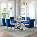 63 Inch Glass Dining Set, 7 Piece, Seats 6 Blue Velvet Chairs Silver Base Detail View
