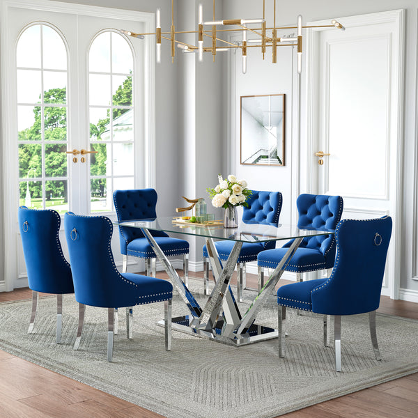 DT034S 7-Piece Sintered Stone Dining Set + 6 Blue Velvet Chairs (Silver)