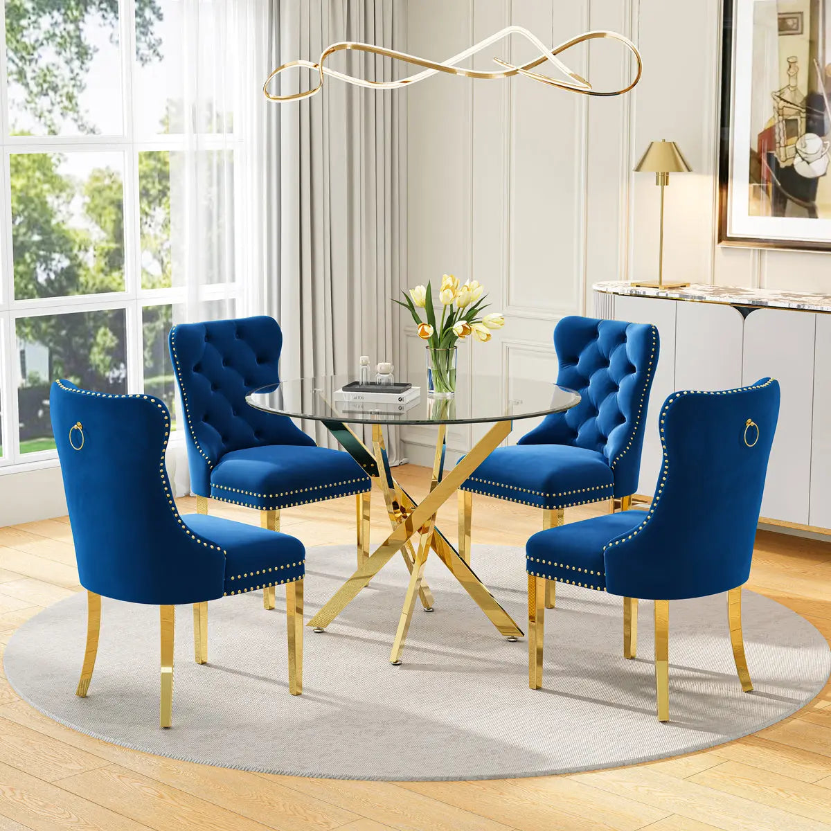 DT666G 5-Piece 36" Glass Dining Set + 4 Blue Velvet Chairs (Gold) ZEMORN