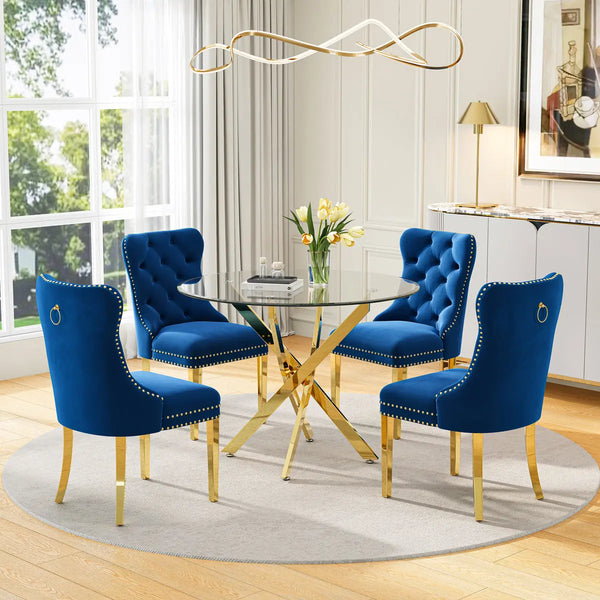 DT666G 5-Piece 36" Glass Dining Set + 4 Blue Velvet Chairs (Gold) ZEMORN