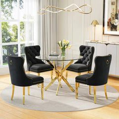 DT666G 5-Piece 36" Glass Dining Set + 4 Black Velvet Chairs (Gold) ZEMORN