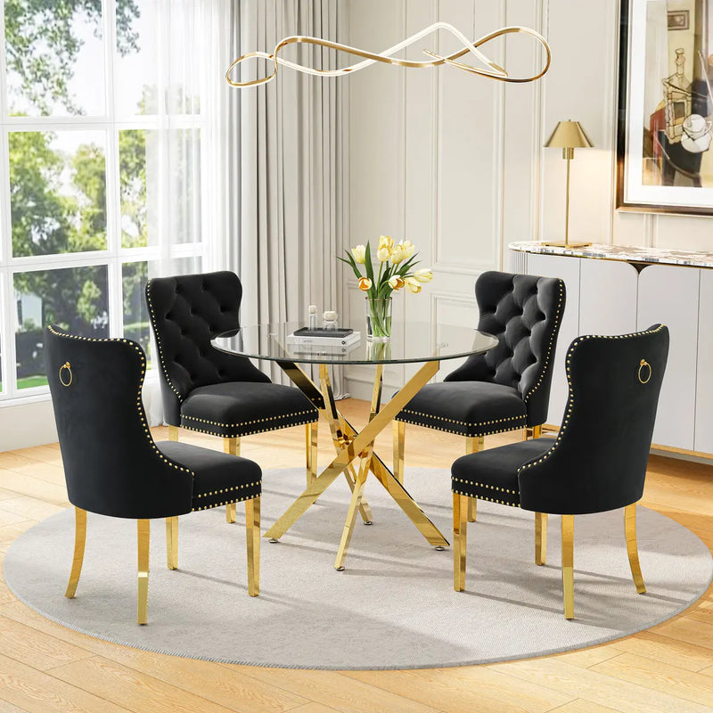 DT666G 5-Piece 36" Glass Dining Set + 4 Black Velvet Chairs (Gold) ZEMORN