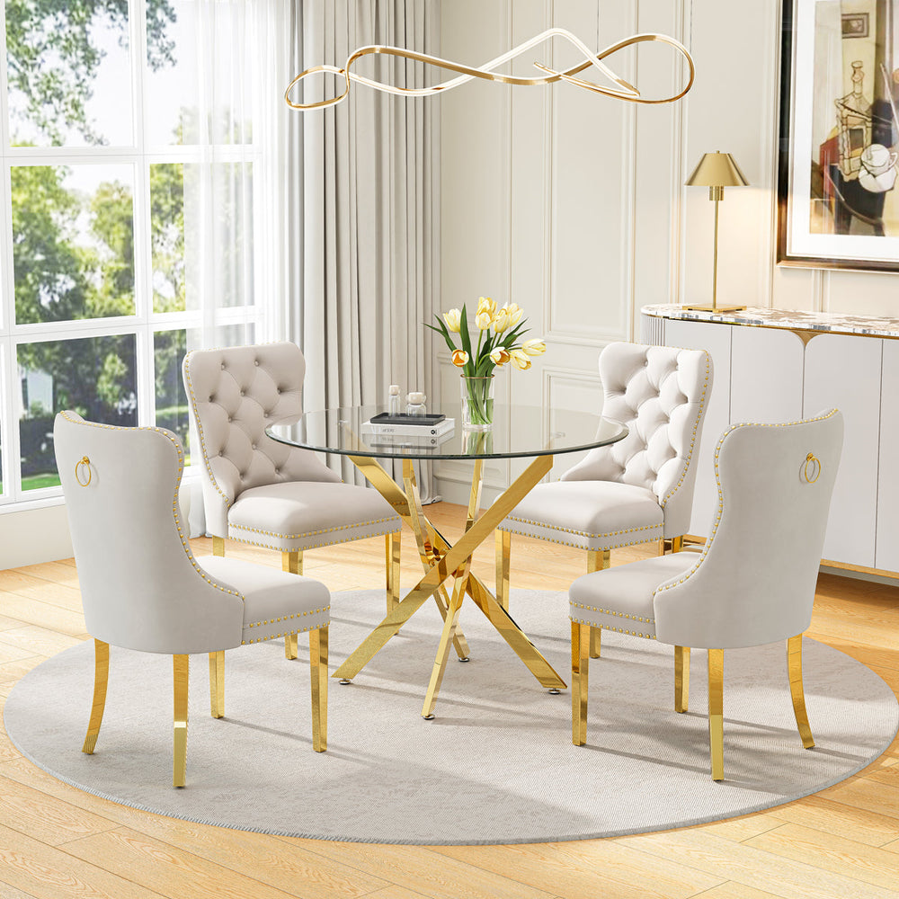 DT666G 5-Piece 36" Glass Dining Set + 4 White Velvet Chairs (Gold) ZEMORN