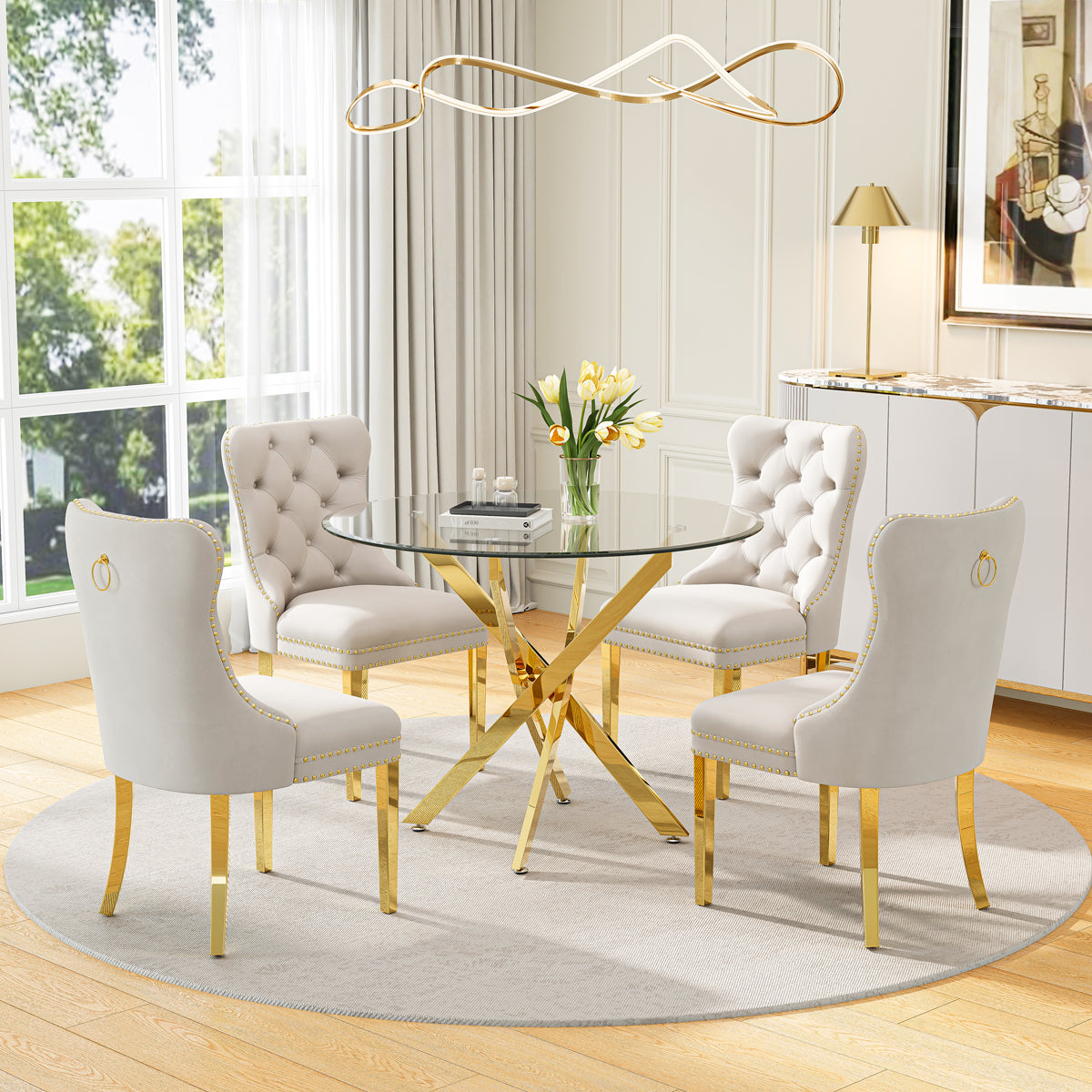 DT666G 5-Piece 36" Glass Dining Set + 4 White Velvet Chairs (Gold) ZEMORN