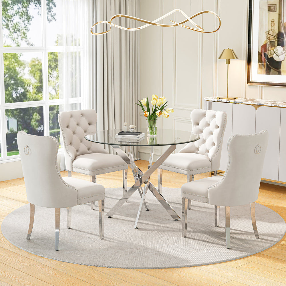 DT666S 5-Piece 36" Glass Dining Set + 4 White Velvet Chairs (Silver) Zemorn