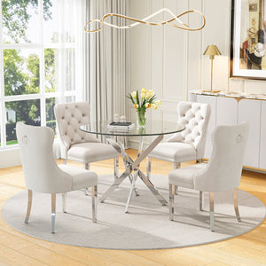 DT666S 5-Piece 36" Glass Dining Set + 4 White Velvet Chairs (Silver) Zemorn