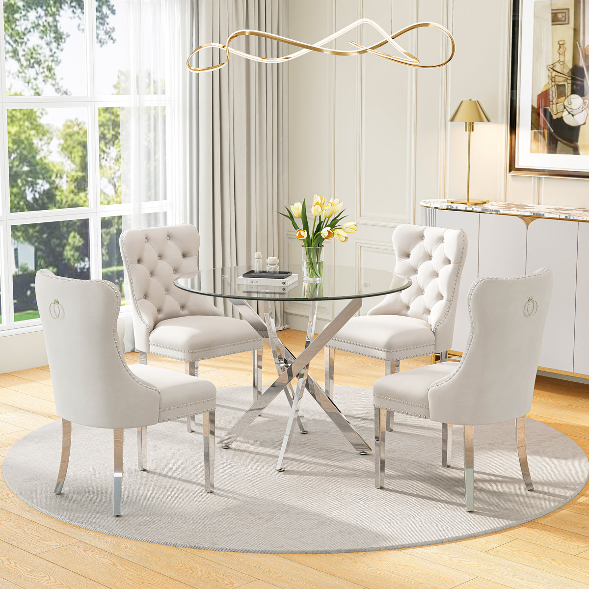 DT666S 5-Piece 36" Glass Dining Set + 4 White Velvet Chairs (Silver) Zemorn