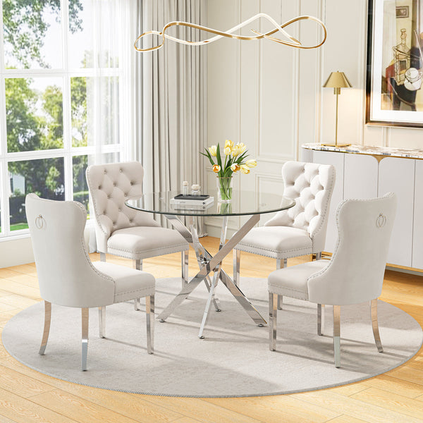 DT666S 5-Piece 36" Glass Dining Set + 4 White Velvet Chairs (Silver) Zemorn