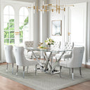63 Inch Glass Dining Set, 7 Piece, Seats 6 White Velvet Chairs Silver Base Detail View