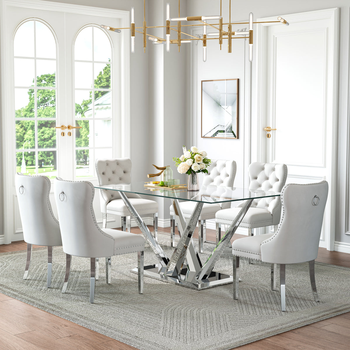 DT034S 7-Piece Sintered Stone Dining Set + 6 White Velvet Chairs (Silver)