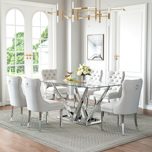 DT034S 7-Piece Sintered Stone Dining Set + 6 White Velvet Chairs (Silver)