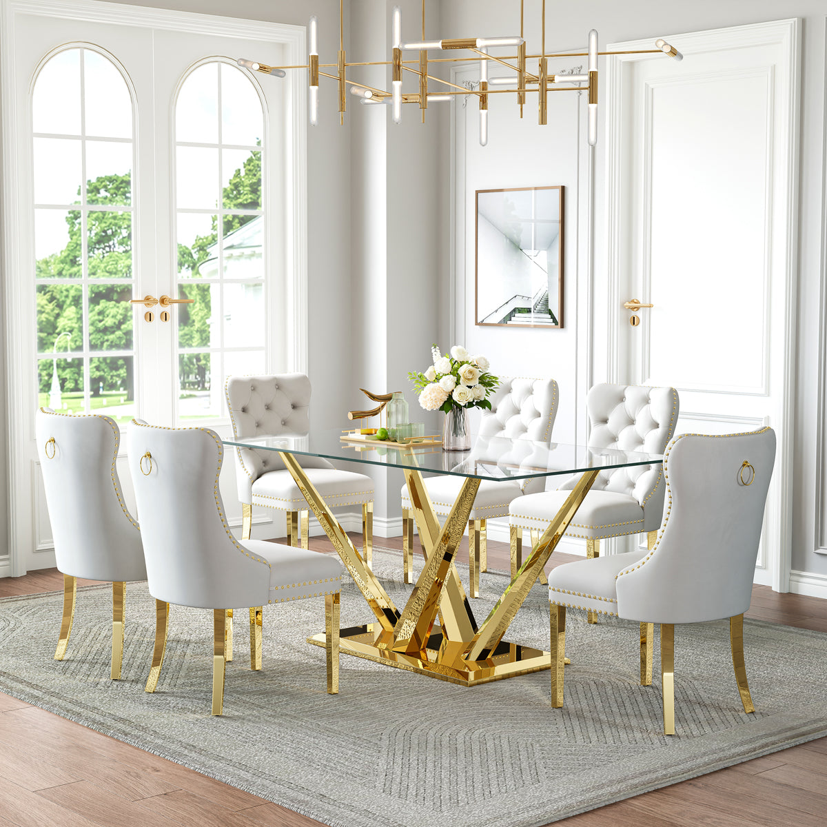 DT034G 7-Piece Sintered Stone Dining Set + 6 White Velvet Chairs (Gold)