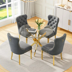 DT666G 5-Piece 36" Glass Dining Set + 4 Grey Velvet Chairs (Gold) ZEMORN
