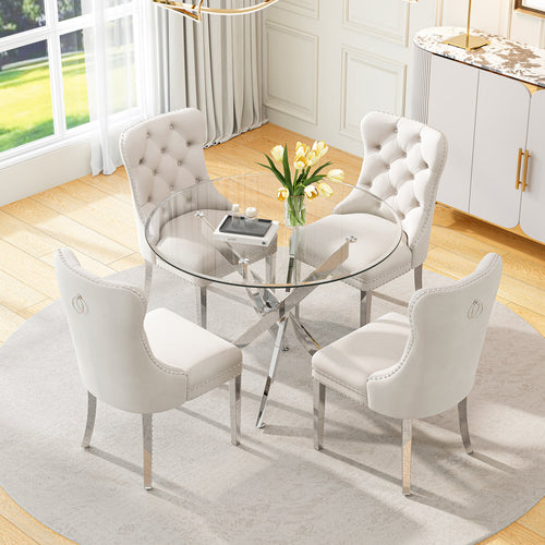 DT666S 5-Piece 36" Glass Dining Set + 4 White Velvet Chairs (Silver) Zemorn