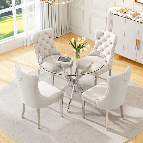 36 Inch Round Glass 5 Piece Dining Set with White Velvet Chairs Silver Base Detail View