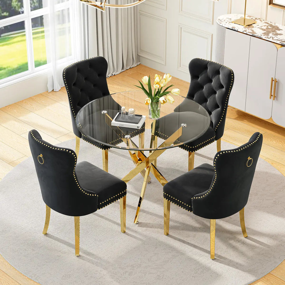 DT666G 5-Piece 36" Glass Dining Set + 4 Black Velvet Chairs (Gold) ZEMORN