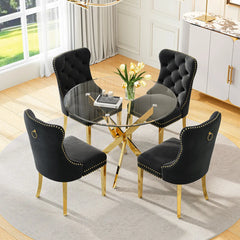 DT666G 5-Piece 36" Glass Dining Set + 4 Black Velvet Chairs (Gold) ZEMORN