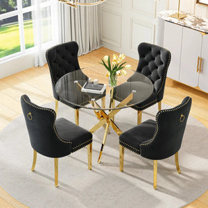 DT666G 5-Piece 36" Glass Dining Set + 4 Black Velvet Chairs (Gold) ZEMORN